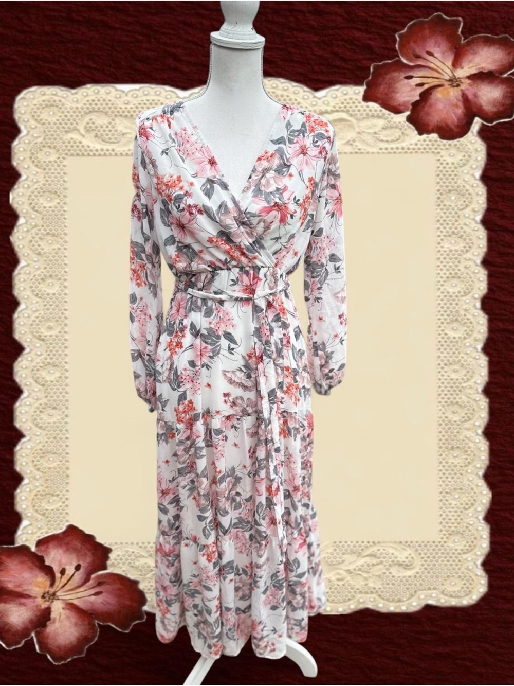 Floral Wrap Maxi Dress - Pink & Gray